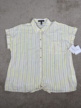 NWT Ellen Tracy XL Striped Collared Button-Up Linen Yellow White‎ Tie Front Top